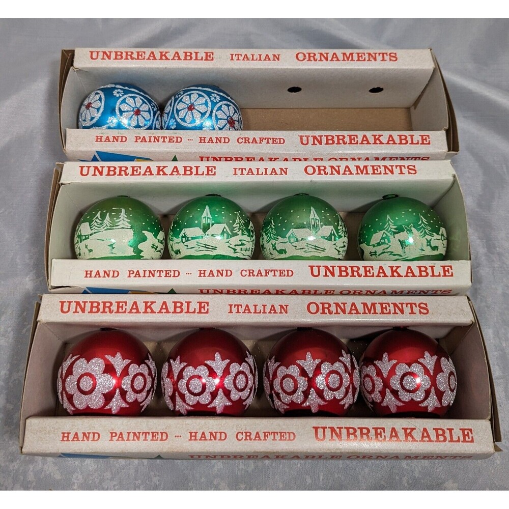 Vintage Unbreakable Italian Stencil Ornaments w/Boxes Lot Of 10 Red Blue Green